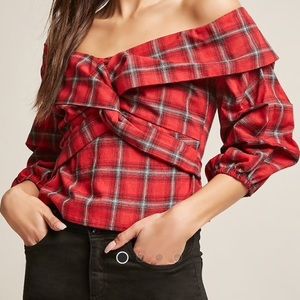 Plaid off the shoulder top
